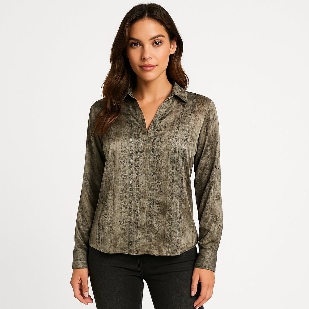 Maple & Cliff (NWOT) Metallic Print Button-Up Shirt - Gray - Long Sleeve - XS
